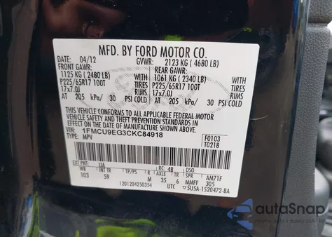 2012 Ford Escape Limited from USA, damaged, VIN 1FMCU9EG3CKC84918